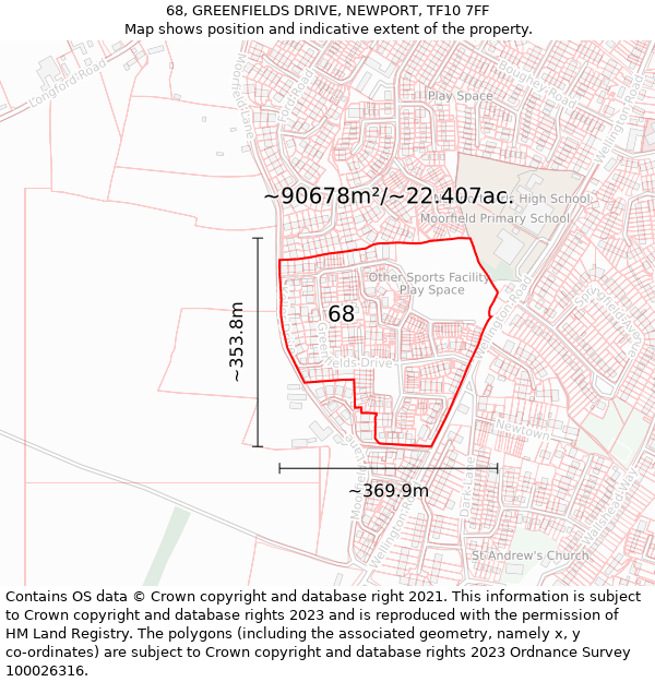 68, GREENFIELDS DRIVE, NEWPORT, TF10 7FF: Plot and title map