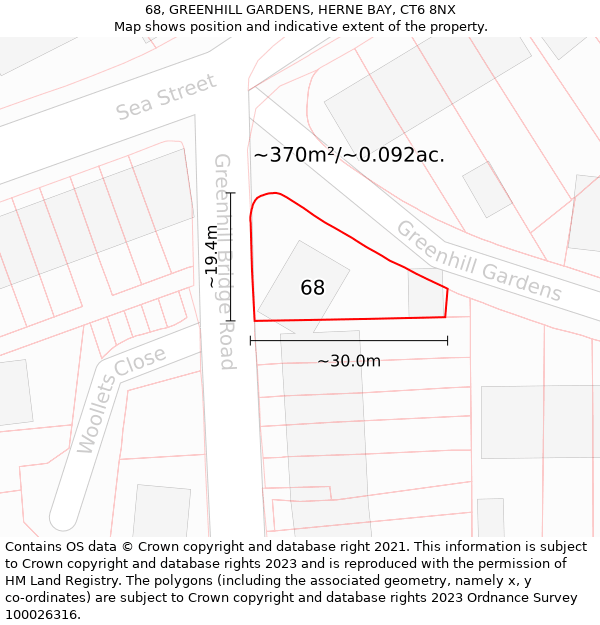 68, GREENHILL GARDENS, HERNE BAY, CT6 8NX: Plot and title map