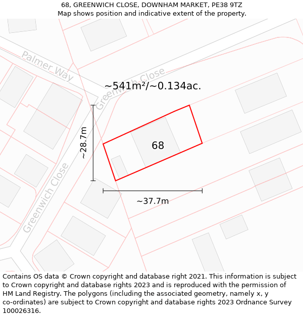 68, GREENWICH CLOSE, DOWNHAM MARKET, PE38 9TZ: Plot and title map