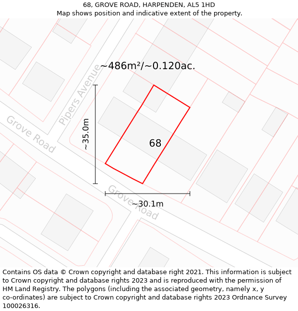 68, GROVE ROAD, HARPENDEN, AL5 1HD: Plot and title map