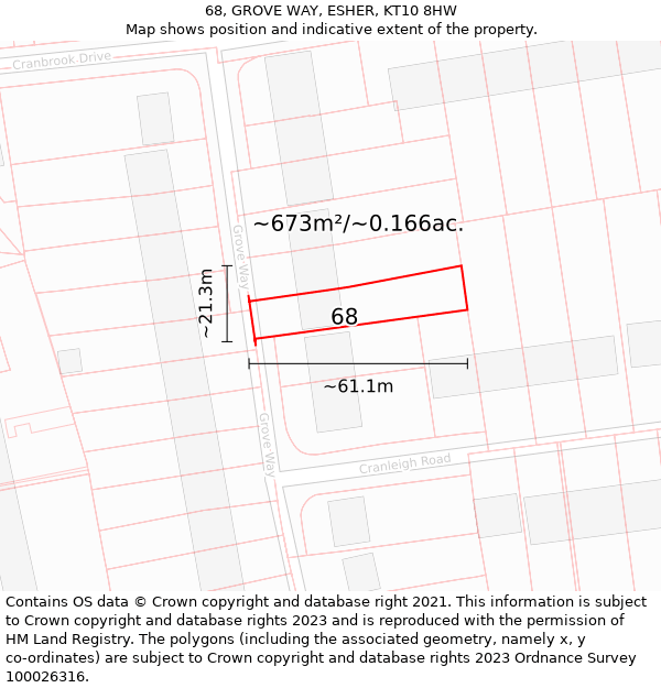 68, GROVE WAY, ESHER, KT10 8HW: Plot and title map