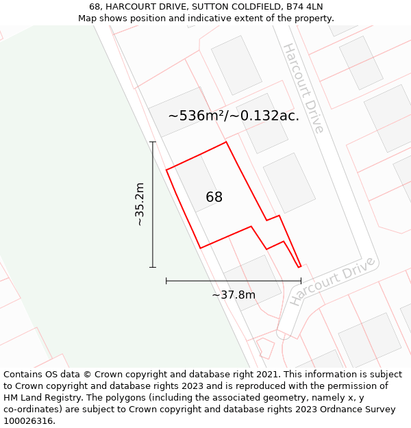 68, HARCOURT DRIVE, SUTTON COLDFIELD, B74 4LN: Plot and title map