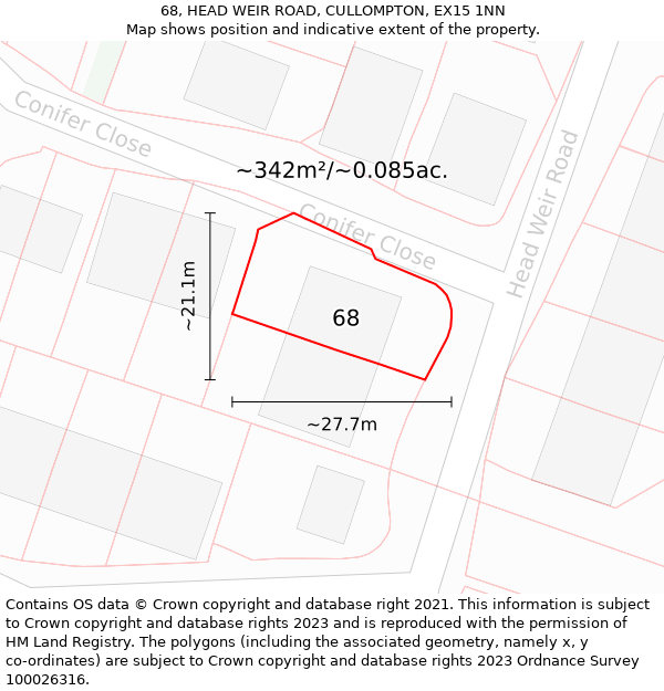 68, HEAD WEIR ROAD, CULLOMPTON, EX15 1NN: Plot and title map