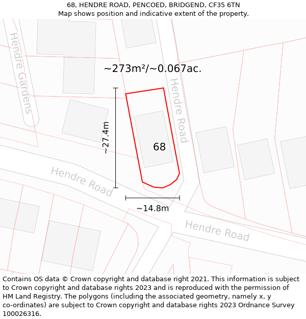 68, HENDRE ROAD, PENCOED, BRIDGEND, CF35 6TN: Plot and title map