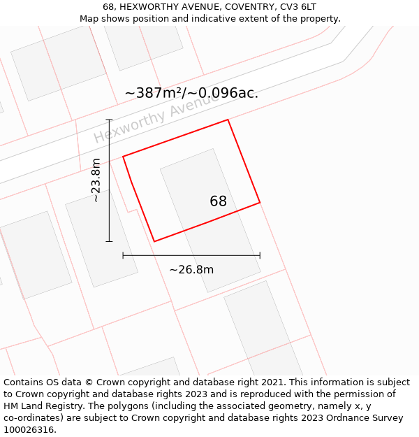 68, HEXWORTHY AVENUE, COVENTRY, CV3 6LT: Plot and title map