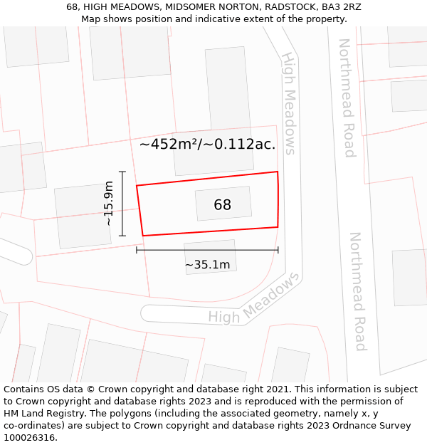 68, HIGH MEADOWS, MIDSOMER NORTON, RADSTOCK, BA3 2RZ: Plot and title map