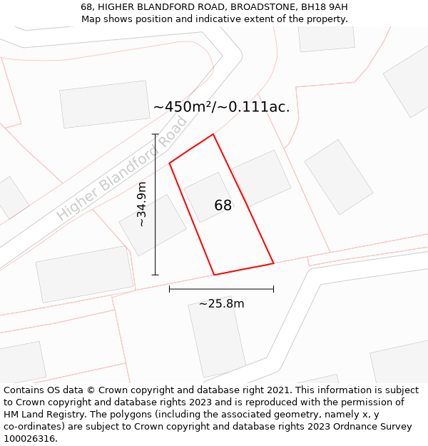 68, HIGHER BLANDFORD ROAD, BROADSTONE, BH18 9AH: Plot and title map