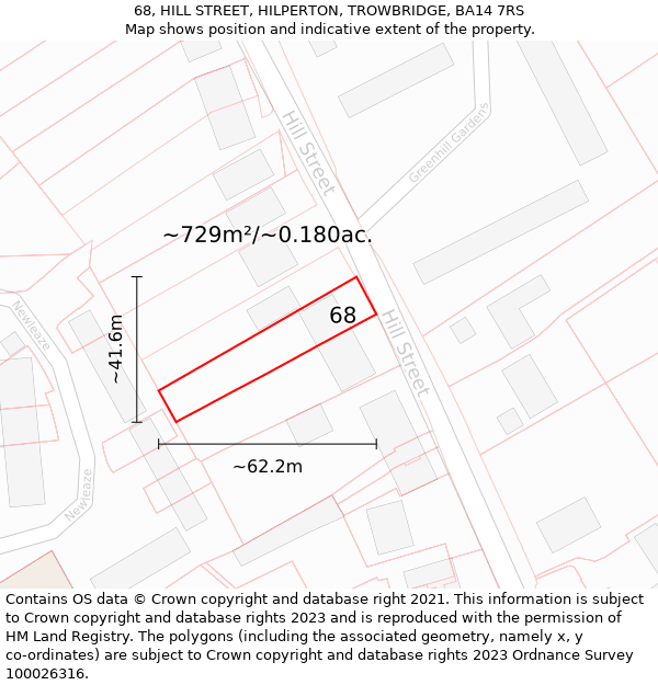 68, HILL STREET, HILPERTON, TROWBRIDGE, BA14 7RS: Plot and title map