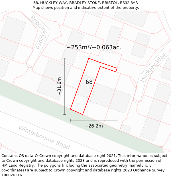 68, HUCKLEY WAY, BRADLEY STOKE, BRISTOL, BS32 8AR: Plot and title map