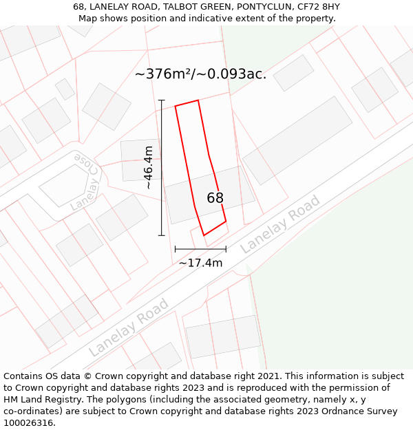 68, LANELAY ROAD, TALBOT GREEN, PONTYCLUN, CF72 8HY: Plot and title map