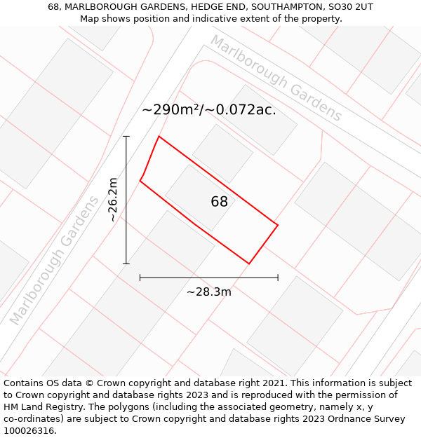 68, MARLBOROUGH GARDENS, HEDGE END, SOUTHAMPTON, SO30 2UT: Plot and title map