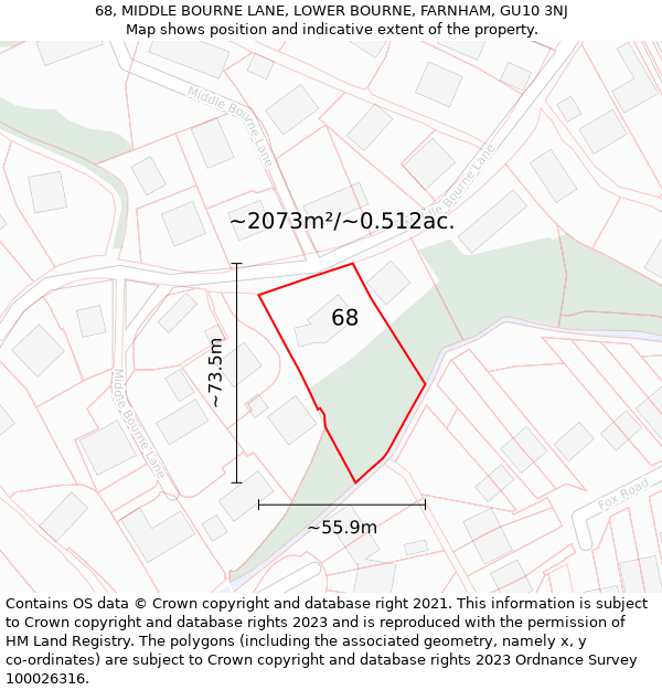 68, MIDDLE BOURNE LANE, LOWER BOURNE, FARNHAM, GU10 3NJ: Plot and title map