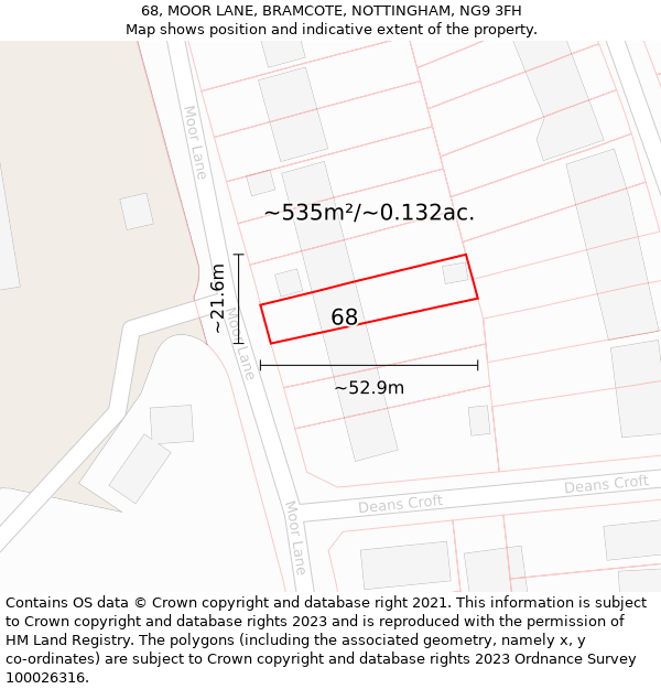 68, MOOR LANE, BRAMCOTE, NOTTINGHAM, NG9 3FH: Plot and title map