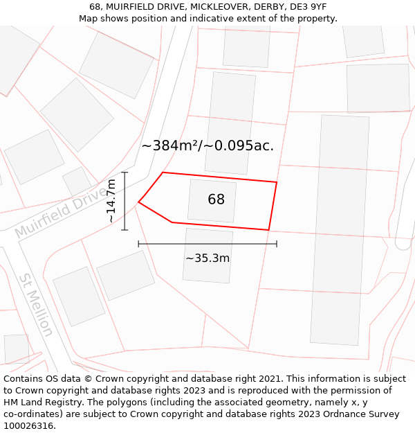 68, MUIRFIELD DRIVE, MICKLEOVER, DERBY, DE3 9YF: Plot and title map