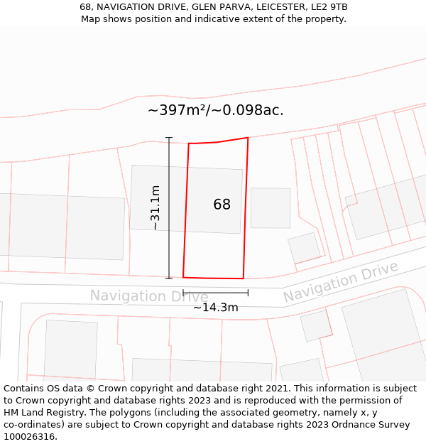 68, NAVIGATION DRIVE, GLEN PARVA, LEICESTER, LE2 9TB: Plot and title map