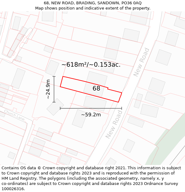 68, NEW ROAD, BRADING, SANDOWN, PO36 0AQ: Plot and title map