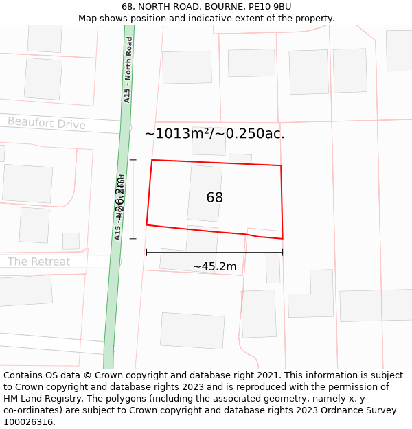 68, NORTH ROAD, BOURNE, PE10 9BU: Plot and title map