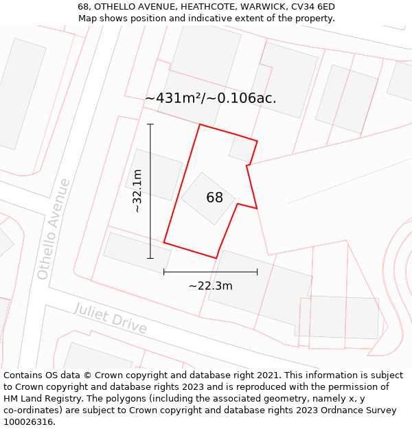 68, OTHELLO AVENUE, HEATHCOTE, WARWICK, CV34 6ED: Plot and title map