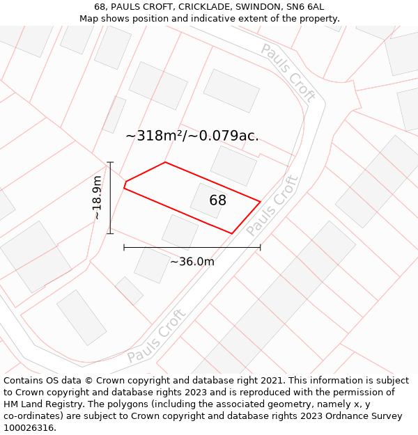 68, PAULS CROFT, CRICKLADE, SWINDON, SN6 6AL: Plot and title map