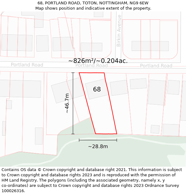 68, PORTLAND ROAD, TOTON, NOTTINGHAM, NG9 6EW: Plot and title map