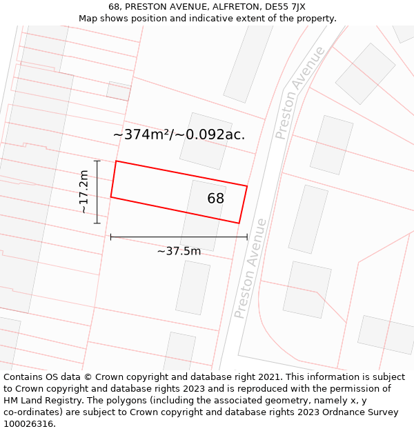 68, PRESTON AVENUE, ALFRETON, DE55 7JX: Plot and title map