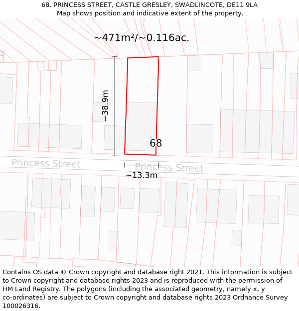 68, PRINCESS STREET, CASTLE GRESLEY, SWADLINCOTE, DE11 9LA: Plot and title map