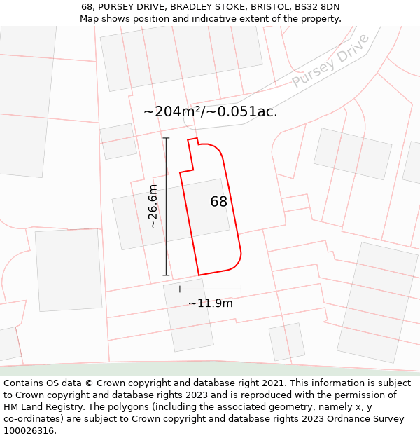 68, PURSEY DRIVE, BRADLEY STOKE, BRISTOL, BS32 8DN: Plot and title map