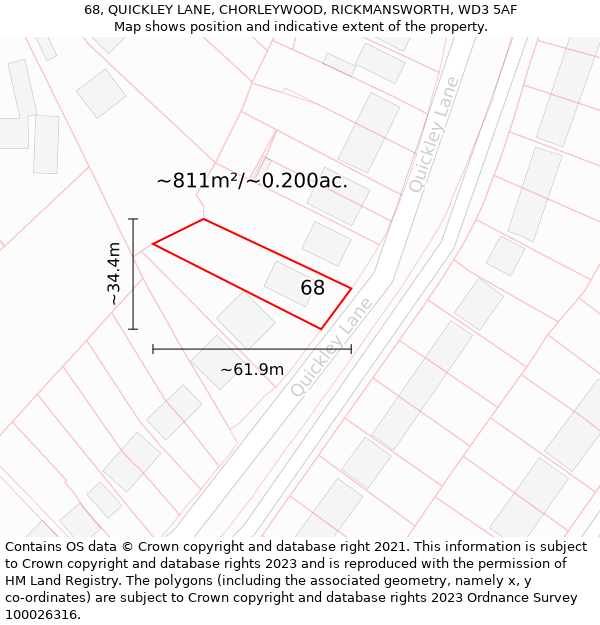 68, QUICKLEY LANE, CHORLEYWOOD, RICKMANSWORTH, WD3 5AF: Plot and title map