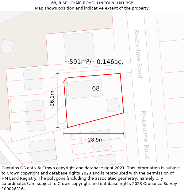 68, RISEHOLME ROAD, LINCOLN, LN1 3SP: Plot and title map