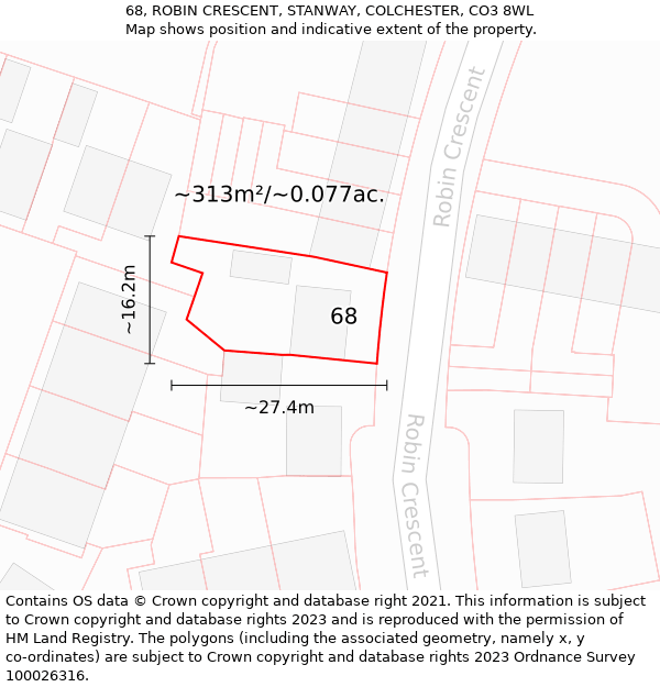 68, ROBIN CRESCENT, STANWAY, COLCHESTER, CO3 8WL: Plot and title map