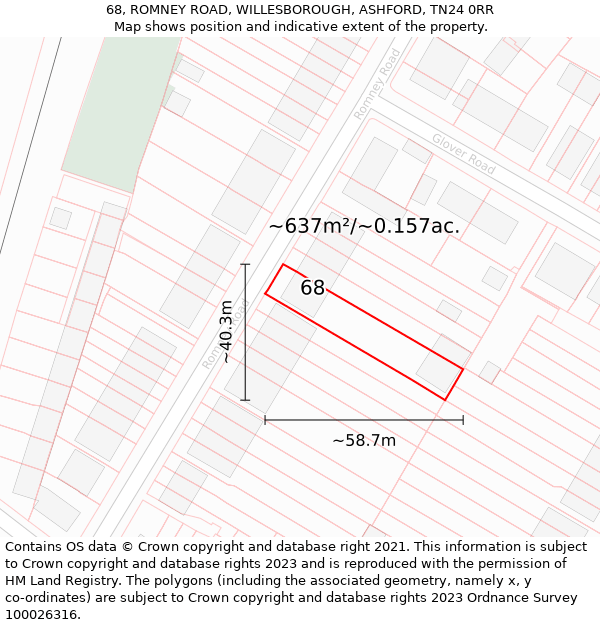 68, ROMNEY ROAD, WILLESBOROUGH, ASHFORD, TN24 0RR: Plot and title map