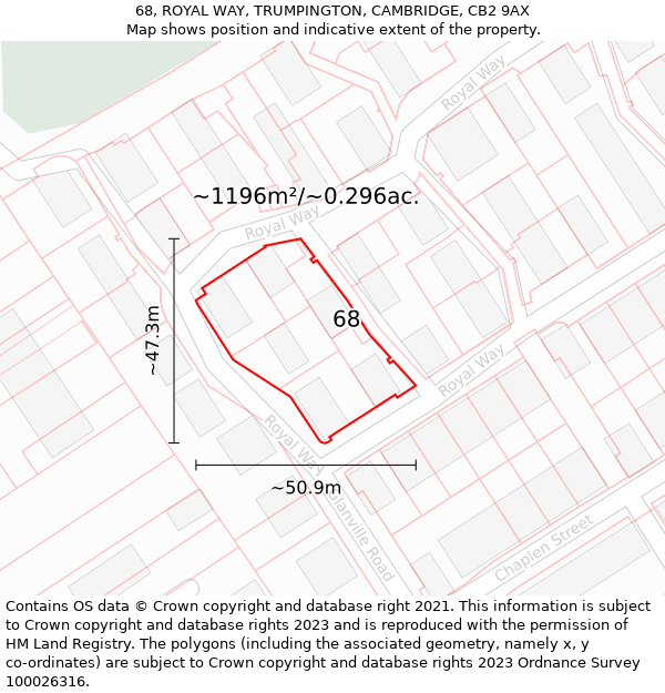 68, ROYAL WAY, TRUMPINGTON, CAMBRIDGE, CB2 9AX: Plot and title map