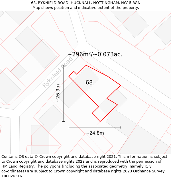 68, RYKNIELD ROAD, HUCKNALL, NOTTINGHAM, NG15 8GN: Plot and title map