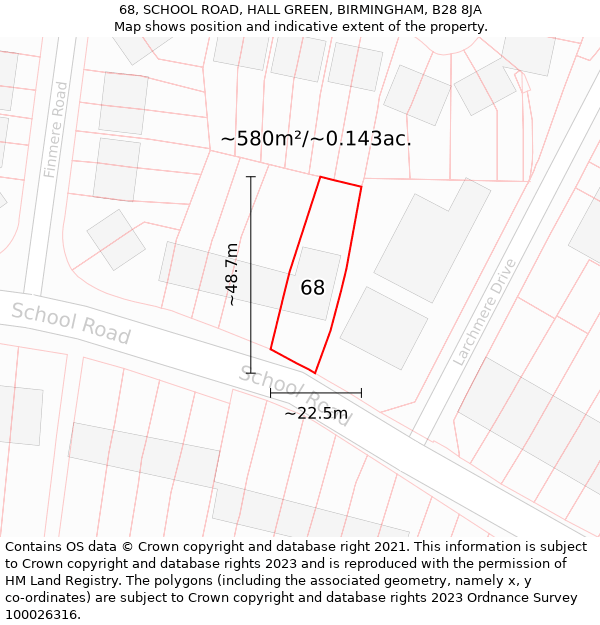 68, SCHOOL ROAD, HALL GREEN, BIRMINGHAM, B28 8JA: Plot and title map