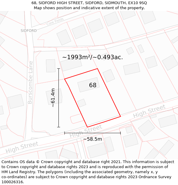 68, SIDFORD HIGH STREET, SIDFORD, SIDMOUTH, EX10 9SQ: Plot and title map