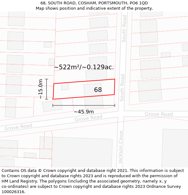 68, SOUTH ROAD, COSHAM, PORTSMOUTH, PO6 1QD: Plot and title map