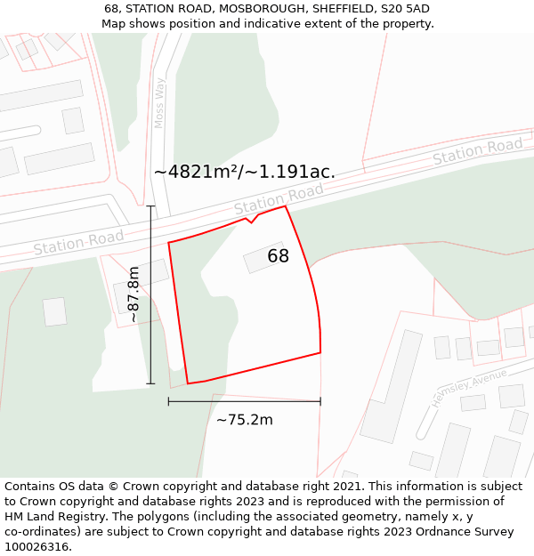 68, STATION ROAD, MOSBOROUGH, SHEFFIELD, S20 5AD: Plot and title map