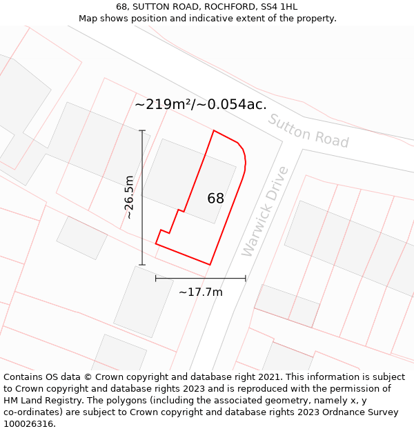 68, SUTTON ROAD, ROCHFORD, SS4 1HL: Plot and title map