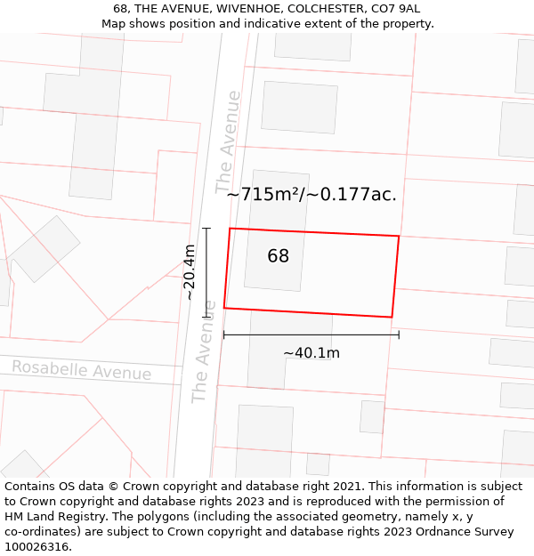 68, THE AVENUE, WIVENHOE, COLCHESTER, CO7 9AL: Plot and title map