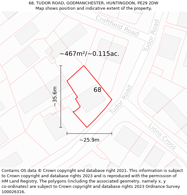 68, TUDOR ROAD, GODMANCHESTER, HUNTINGDON, PE29 2DW: Plot and title map