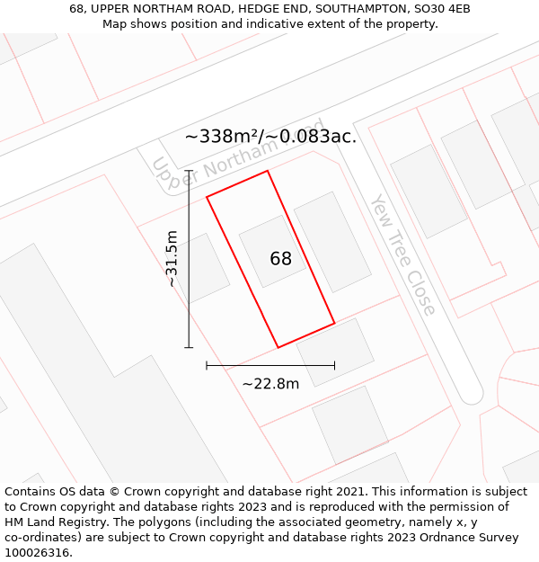 68, UPPER NORTHAM ROAD, HEDGE END, SOUTHAMPTON, SO30 4EB: Plot and title map