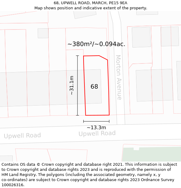 68, UPWELL ROAD, MARCH, PE15 9EA: Plot and title map