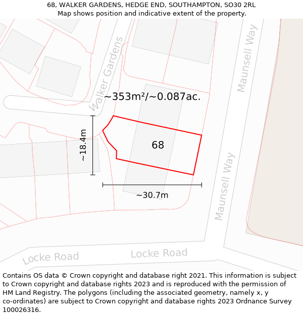 68, WALKER GARDENS, HEDGE END, SOUTHAMPTON, SO30 2RL: Plot and title map