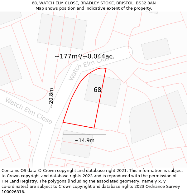 68, WATCH ELM CLOSE, BRADLEY STOKE, BRISTOL, BS32 8AN: Plot and title map