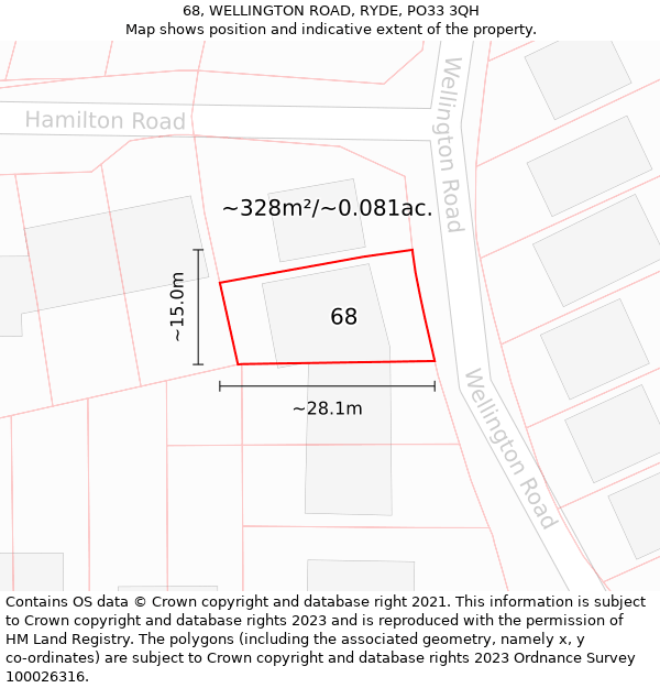 68, WELLINGTON ROAD, RYDE, PO33 3QH: Plot and title map
