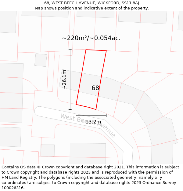 68, WEST BEECH AVENUE, WICKFORD, SS11 8AJ: Plot and title map