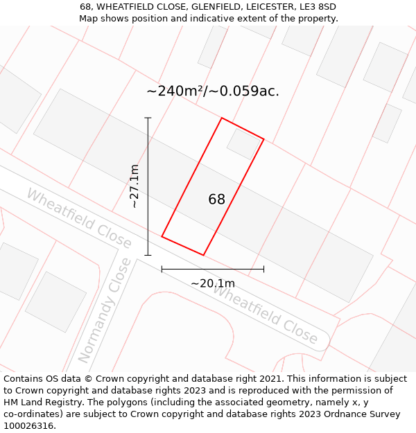 68, WHEATFIELD CLOSE, GLENFIELD, LEICESTER, LE3 8SD: Plot and title map