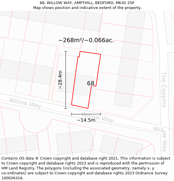 68, WILLOW WAY, AMPTHILL, BEDFORD, MK45 2SP: Plot and title map