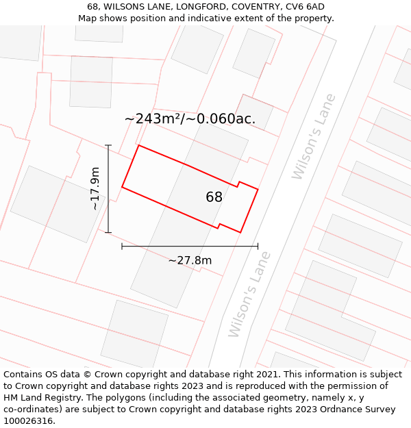 68, WILSONS LANE, LONGFORD, COVENTRY, CV6 6AD: Plot and title map