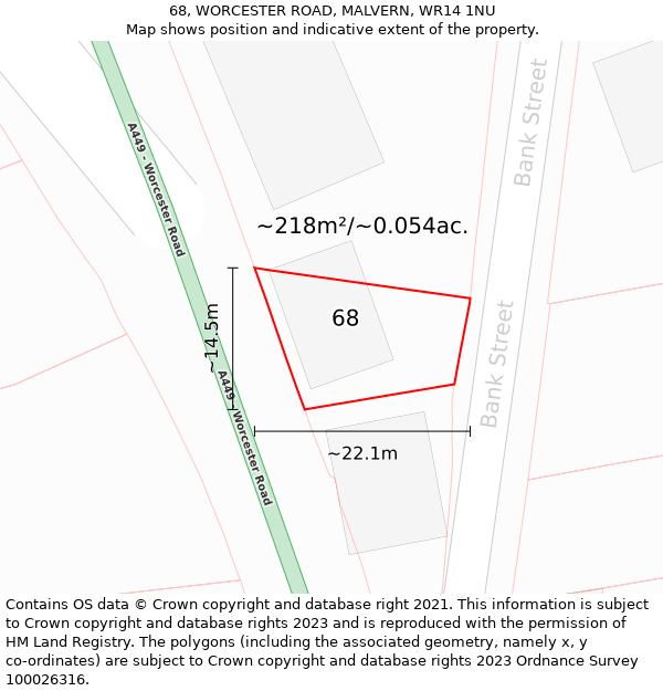 68, WORCESTER ROAD, MALVERN, WR14 1NU: Plot and title map